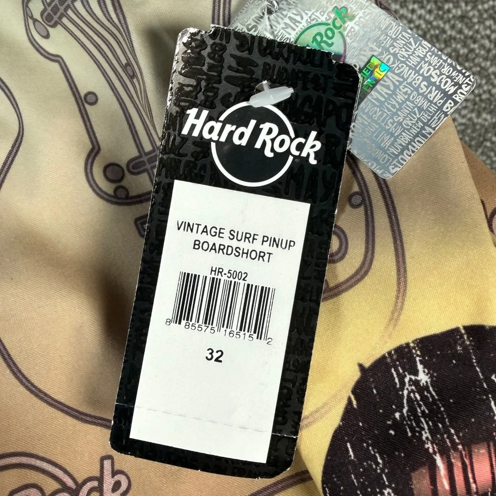 Hard Rock Boardshorts Vintage Surf Pinup Mens 32 Brown Guitar Graphic Swim Trunk